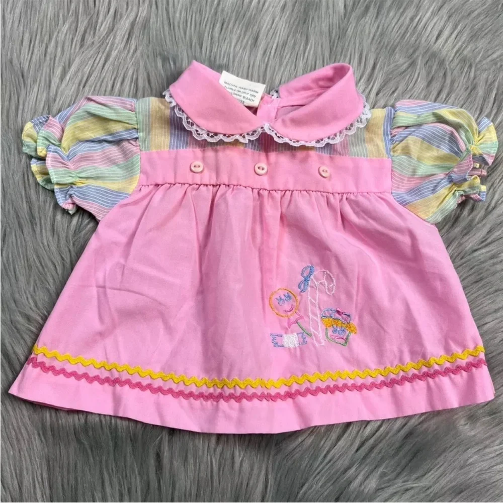 Vintage Mayfair Infants Newborn Baby Dress Pink Striped Ruffle